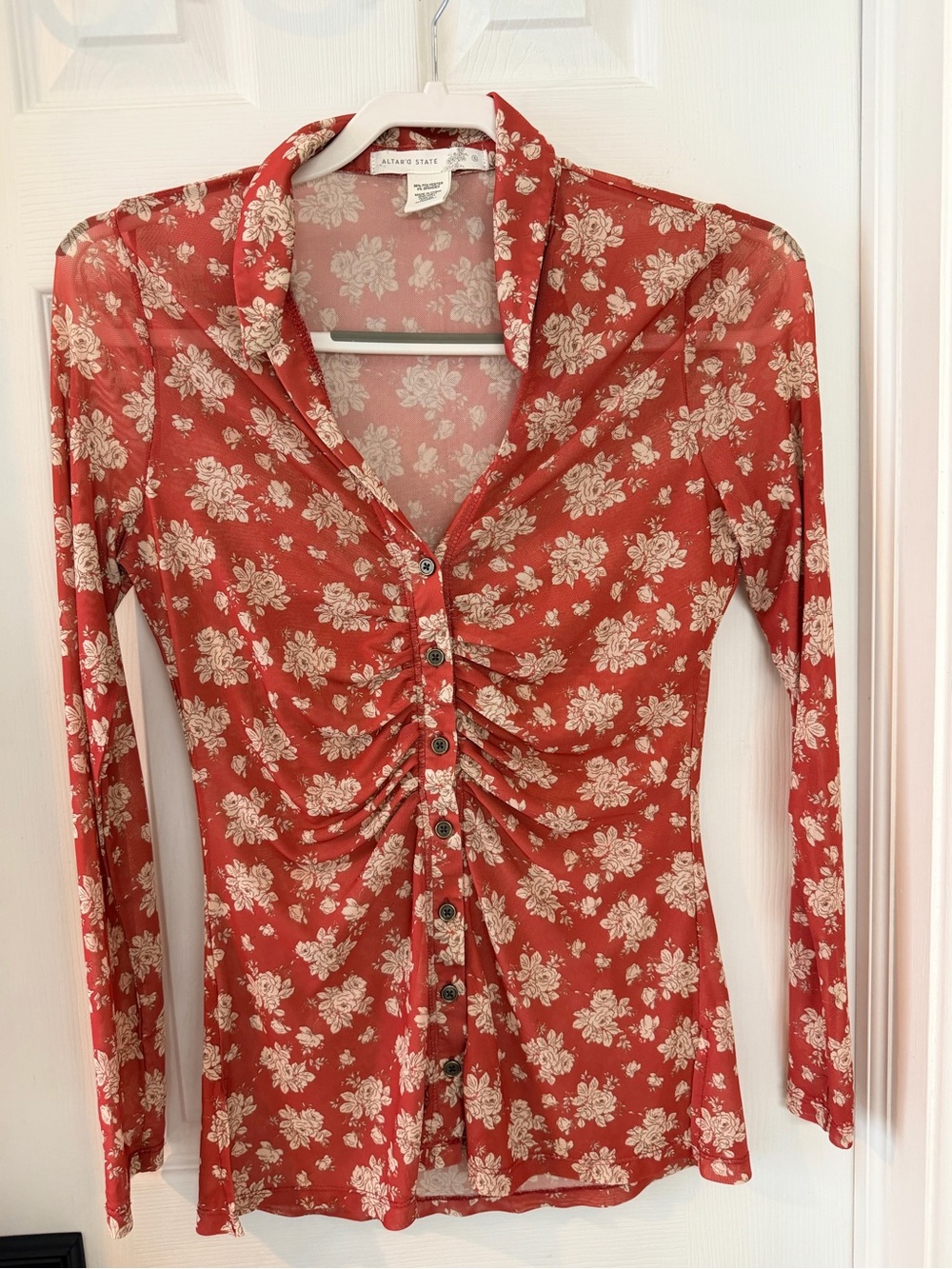 Altar’d State Red Floral Mesh Ruched Button Front Top